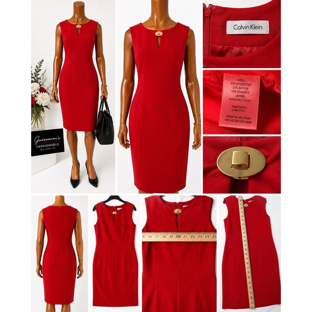 Calvin Klein Red Size 12 -14 Knee Length Short Sleeve Dress Sheath Keyhole